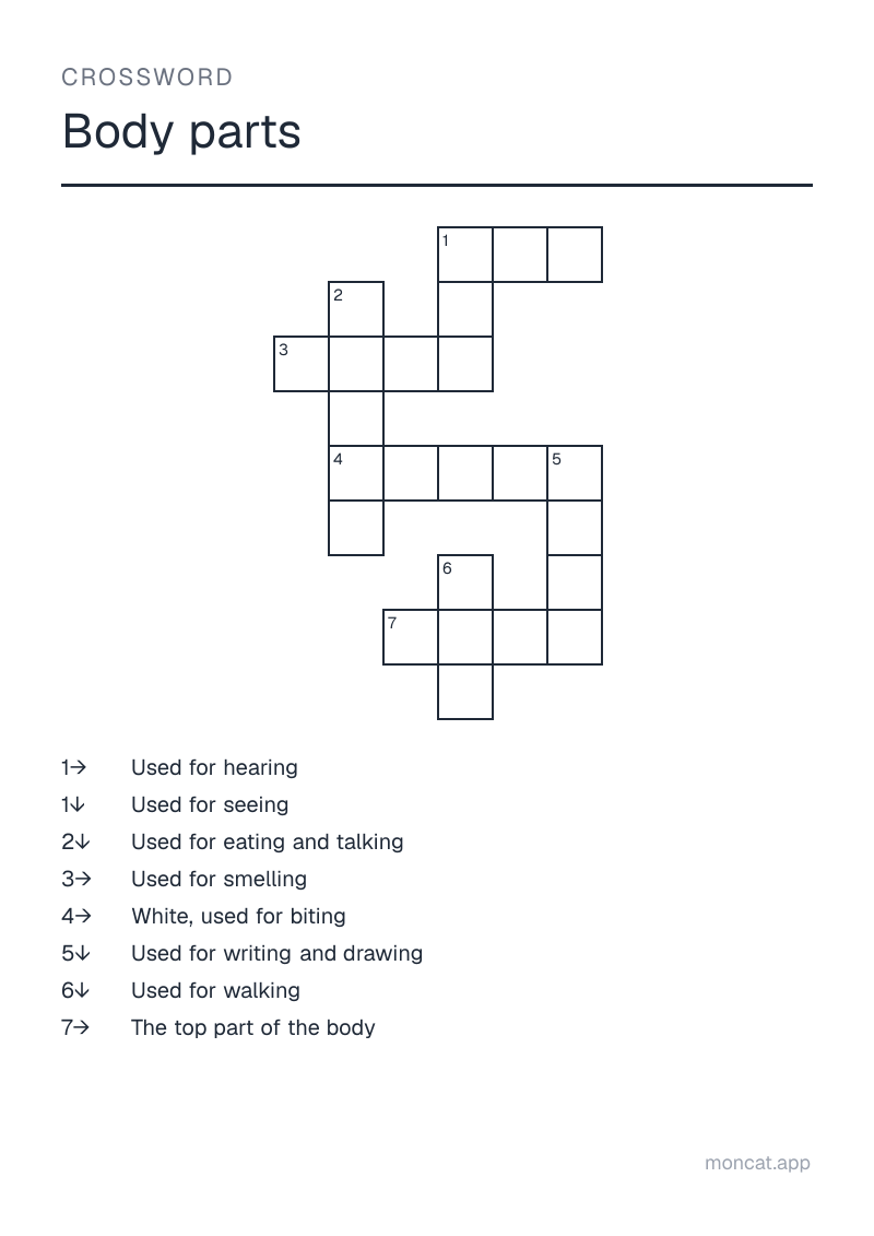 Sample printable Crossword on “Body parts” with the words: head, hand, leg, eye, ear, nose, mouth, tooth