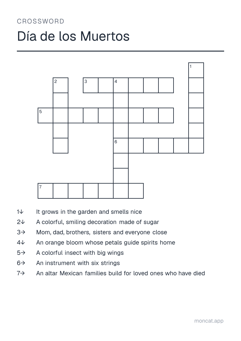 Sample printable Crossword on “Día de los Muertos” with the words: ofrenda, skull, marigold, flower, family, butterfly, guitar