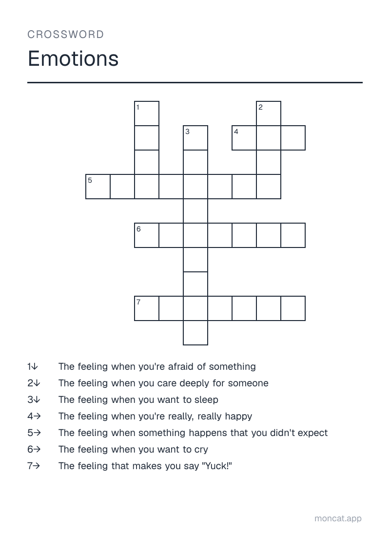 Sample printable Crossword on “Emotions” with the words: joy, sadness, fear, surprise, disgust, love, tiredness