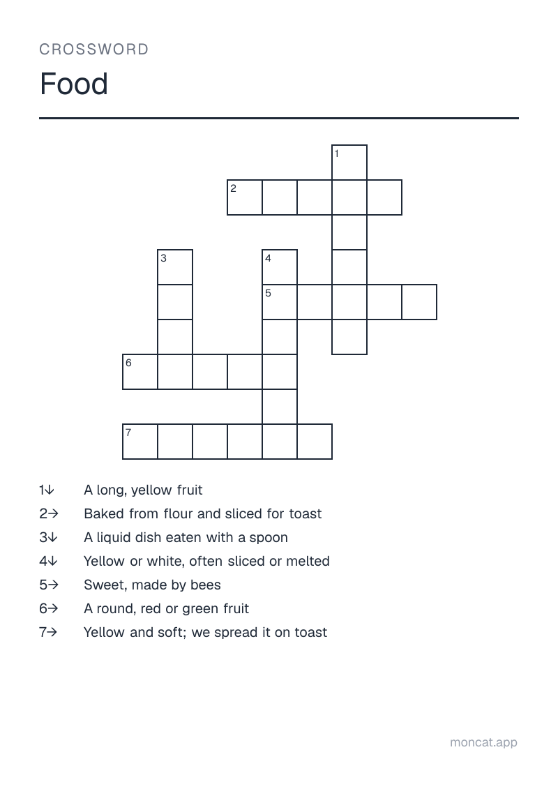 Sample printable Crossword on “Food” with the words: bread, butter, cheese, apple, banana, soup, honey