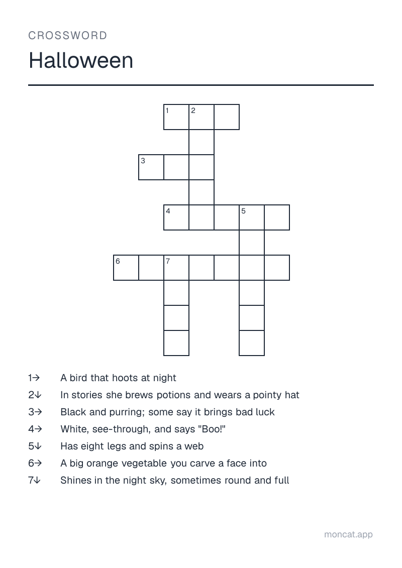Sample printable Crossword on “Halloween” with the words: pumpkin, ghost, witch, spider, owl, moon, cat