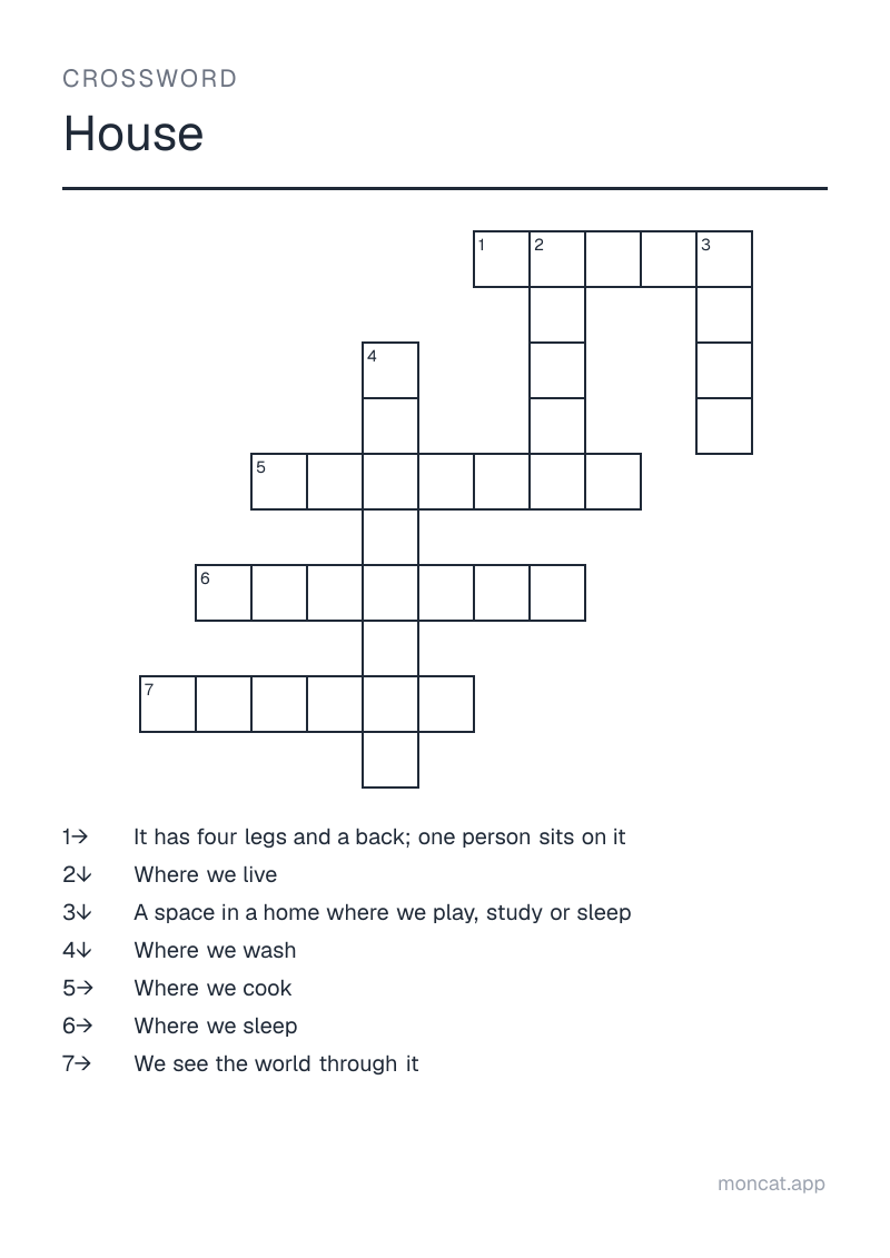 Sample printable Crossword on “House” with the words: house, room, kitchen, bathroom, bedroom, window, chair
