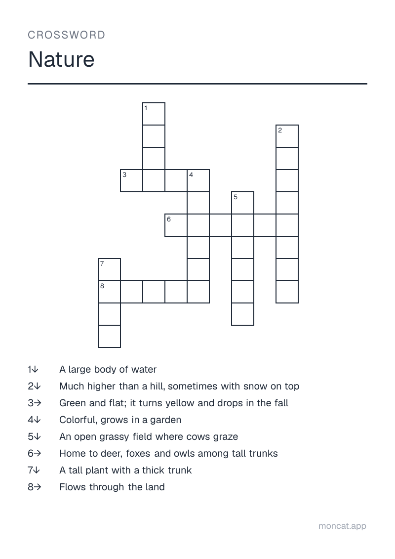 Sample printable Crossword on “Nature” with the words: forest, river, mountain, lake, meadow, flower, tree, leaf