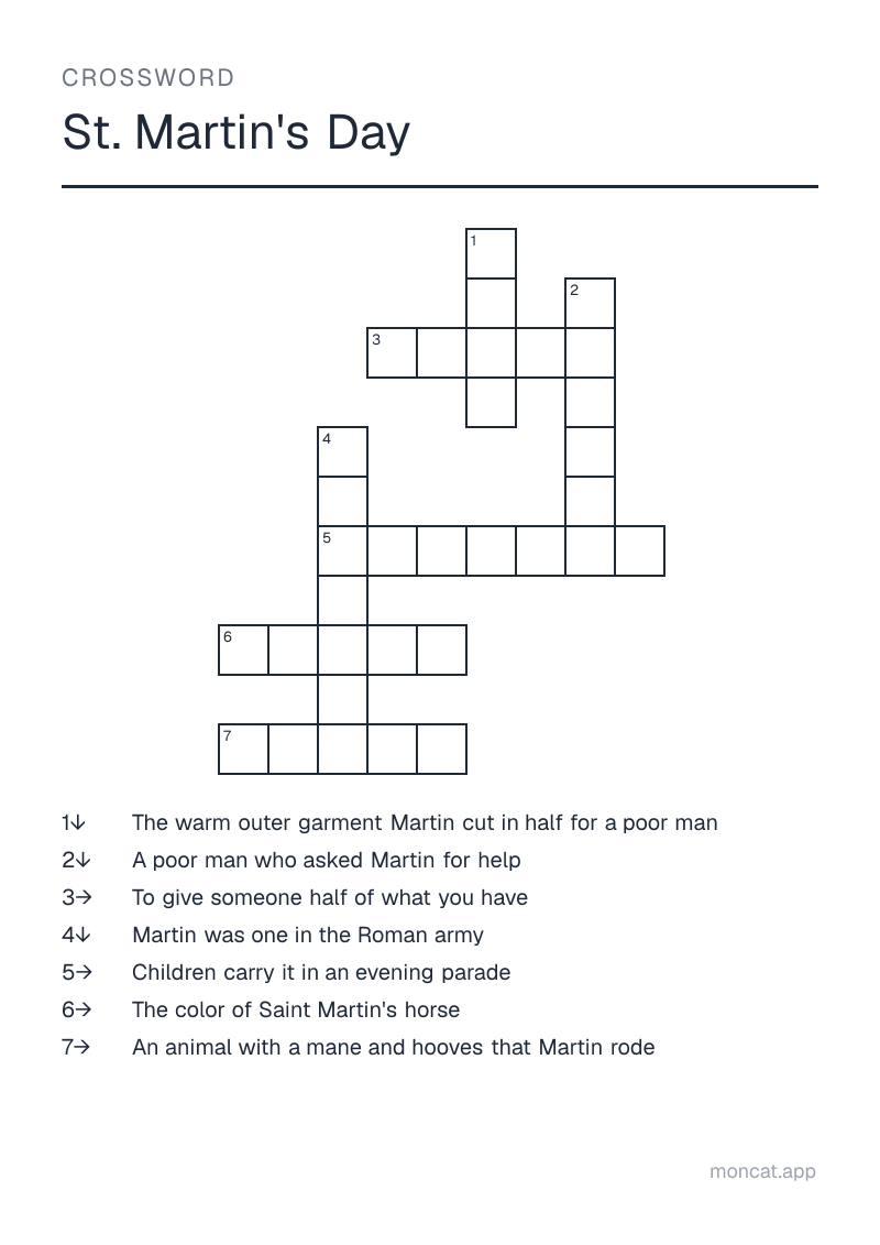 Sample printable Crossword on “St. Martin's Day” with the words: horse, white, coat, soldier, beggar, share, lantern