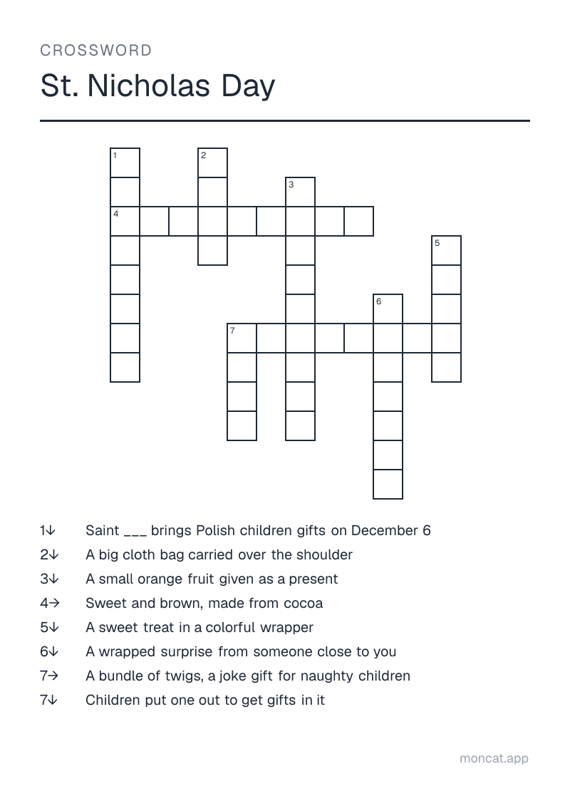 Sample printable Crossword on “St. Nicholas Day” with the words: nicholas, present, boot, birch rod, candy, chocolate, tangerine, sack