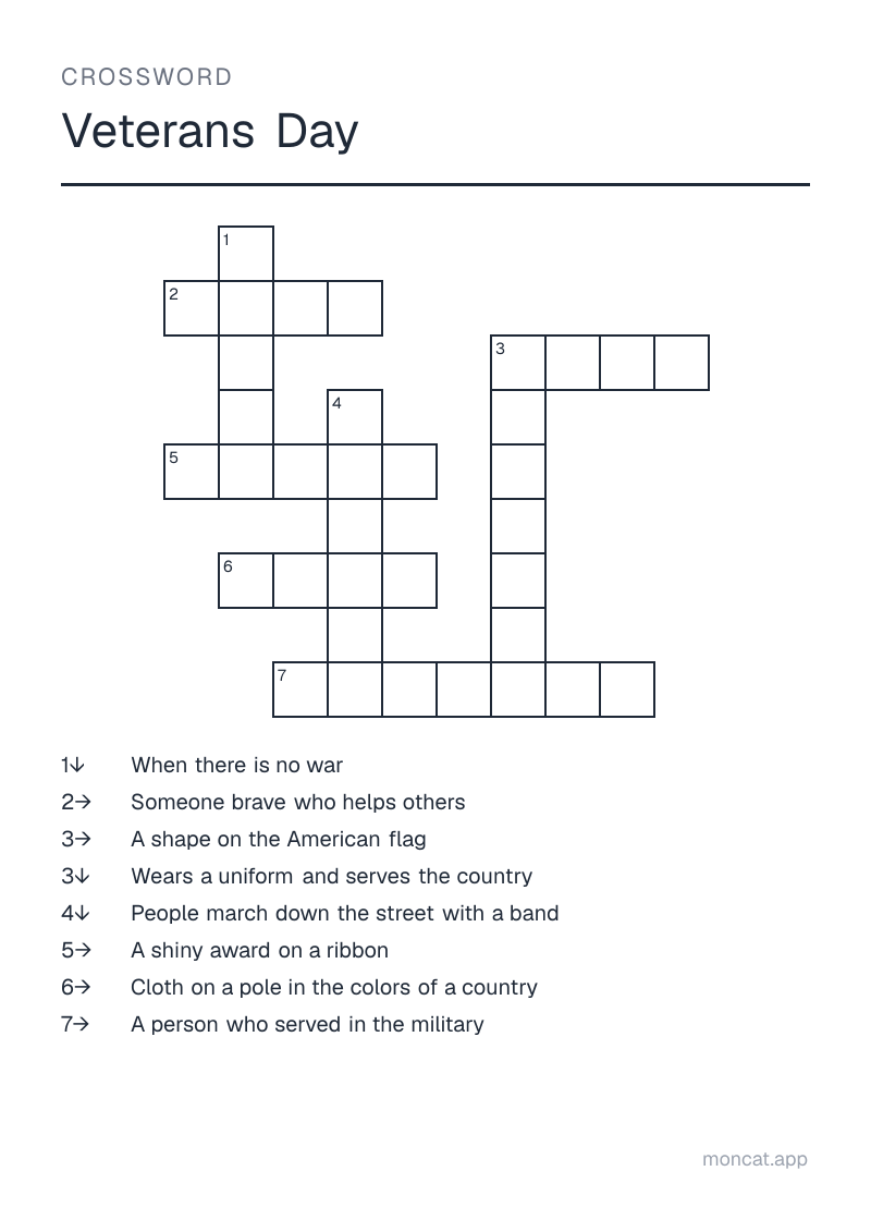 Sample printable Crossword on “Veterans Day” with the words: veteran, soldier, flag, medal, parade, star, hero, peace