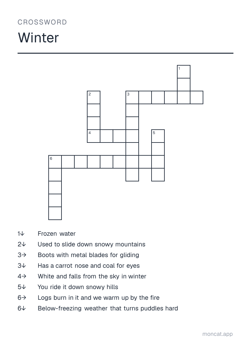 Sample printable Crossword on “Winter” with the words: snow, snowman, sled, skates, skis, ice, frost, fireplace