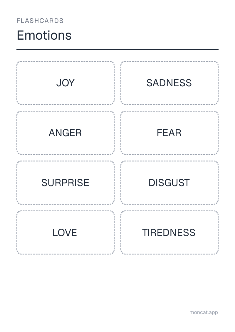 Sample printable Flashcards on “Emotions” with the words: joy, sadness, anger, fear, surprise, disgust, love, tiredness