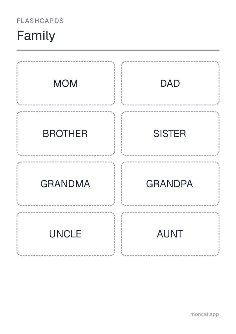 Sample printable Flashcards on “Family” with the words: mom, dad, brother, sister, grandma, grandpa, uncle, aunt