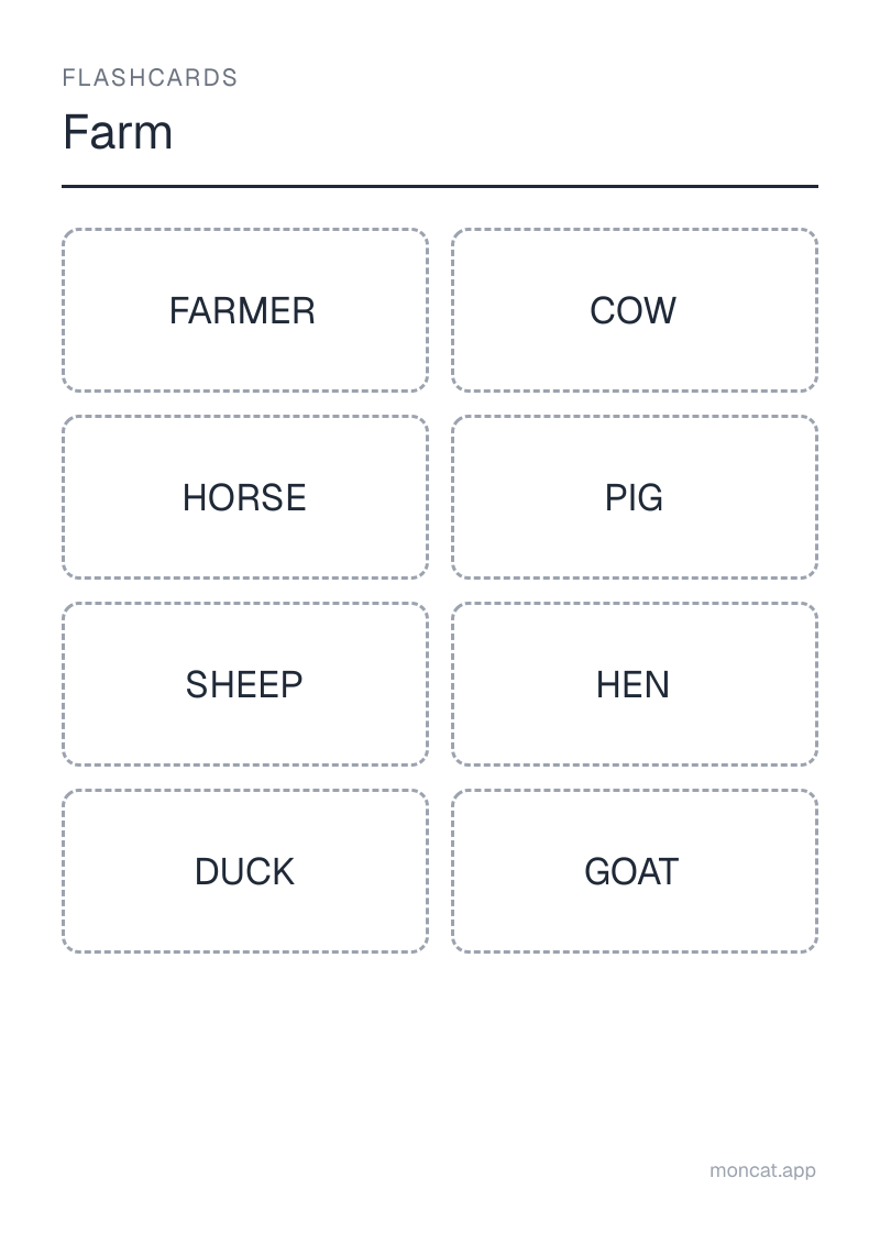 Sample printable Flashcards on “Farm” with the words: farmer, cow, horse, pig, sheep, hen, duck, goat