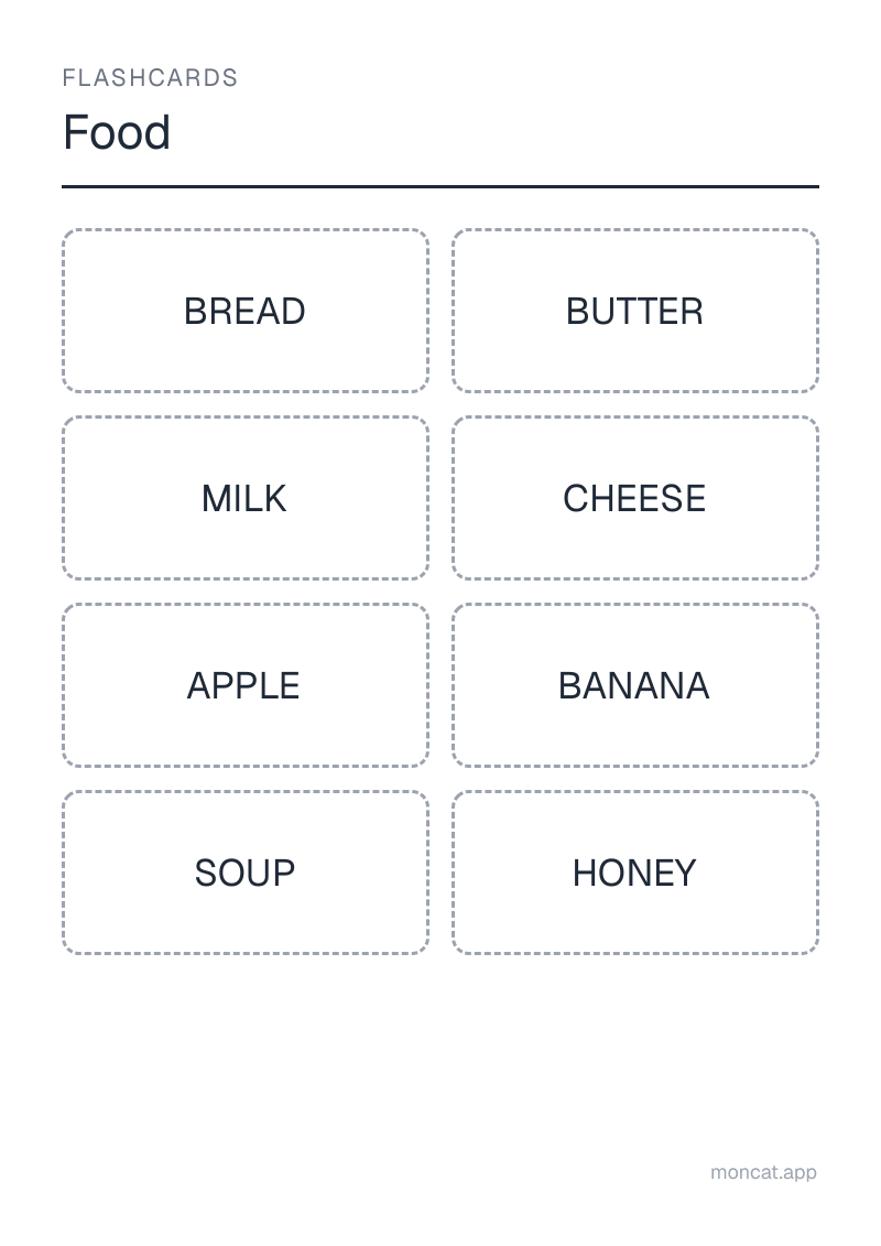 Sample printable Flashcards on “Food” with the words: bread, butter, milk, cheese, apple, banana, soup, honey