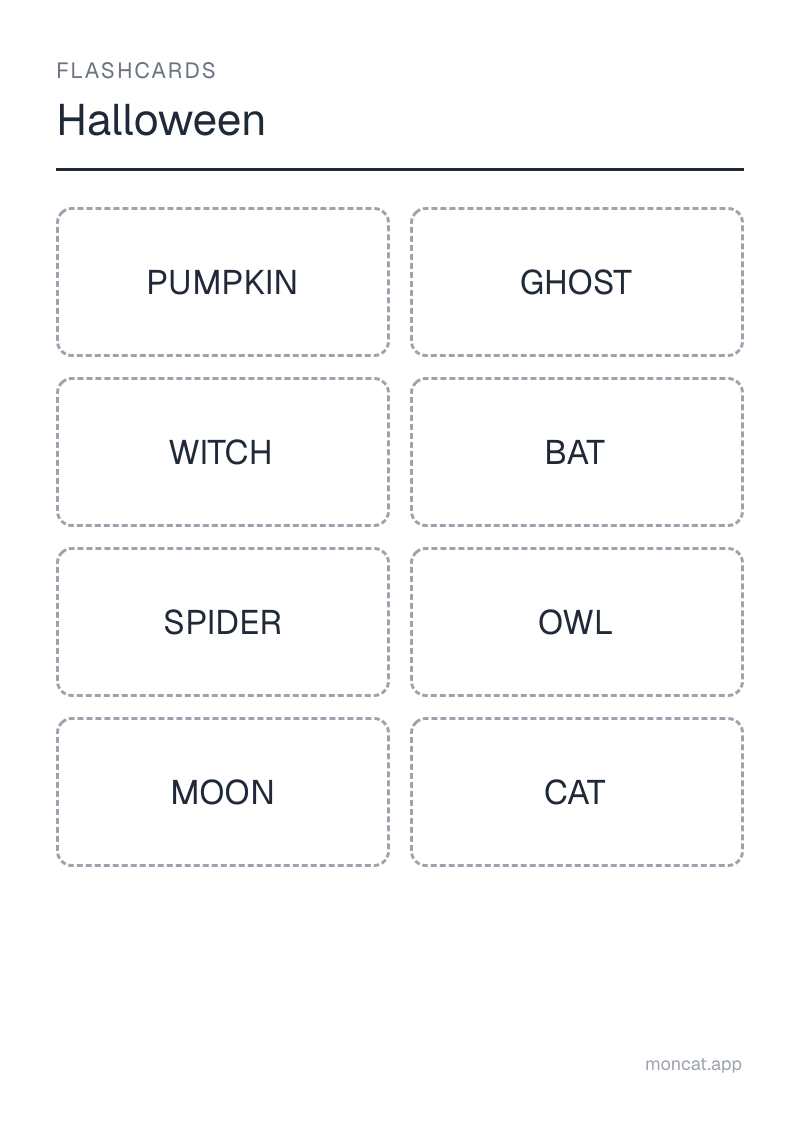 Sample printable Flashcards on “Halloween” with the words: pumpkin, ghost, witch, bat, spider, owl, moon, cat