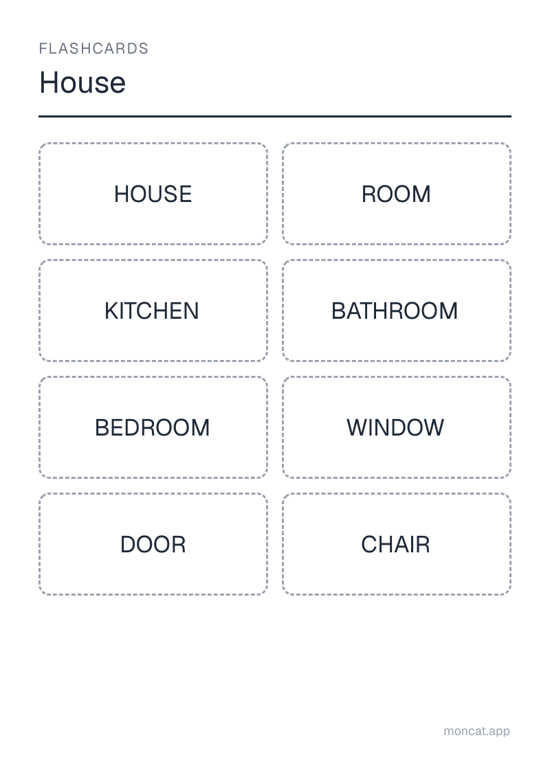 Sample printable Flashcards on “House” with the words: house, room, kitchen, bathroom, bedroom, window, door, chair