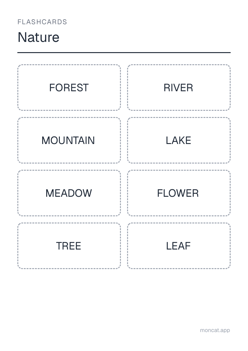 Sample printable Flashcards on “Nature” with the words: forest, river, mountain, lake, meadow, flower, tree, leaf