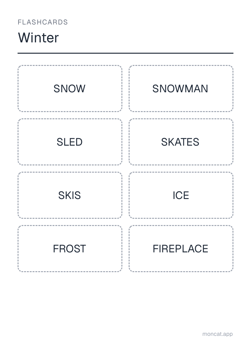 Sample printable Flashcards on “Winter” with the words: snow, snowman, sled, skates, skis, ice, frost, fireplace