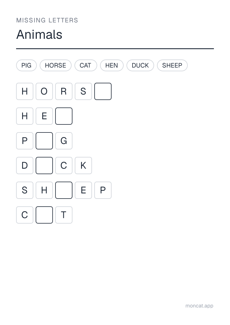 Sample printable Missing Letters on “Animals” with the words: cat, horse, pig, sheep, hen, duck