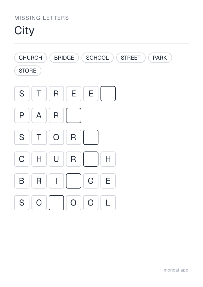 Sample printable Missing Letters on “City” with the words: street, store, school, church, park, bridge