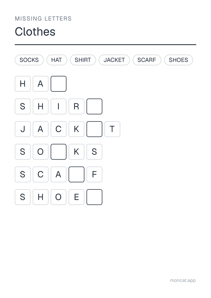 Sample printable Missing Letters on “Clothes” with the words: shirt, shoes, socks, jacket, hat, scarf