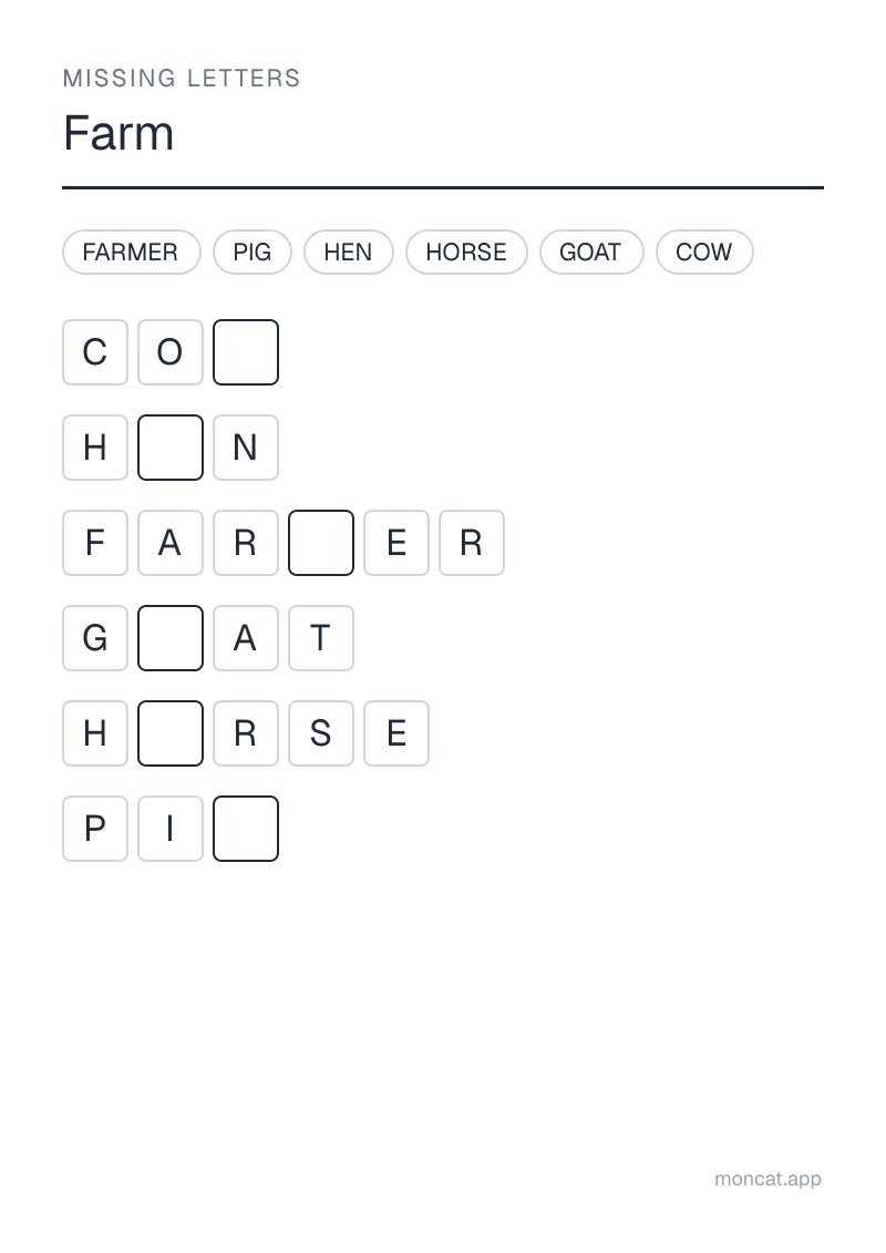 Sample printable Missing Letters on “Farm” with the words: farmer, cow, horse, pig, hen, goat