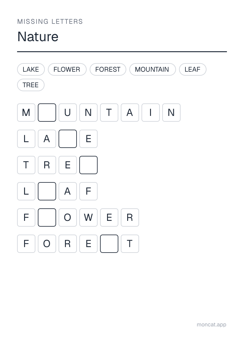 Sample printable Missing Letters on “Nature” with the words: forest, mountain, lake, flower, tree, leaf