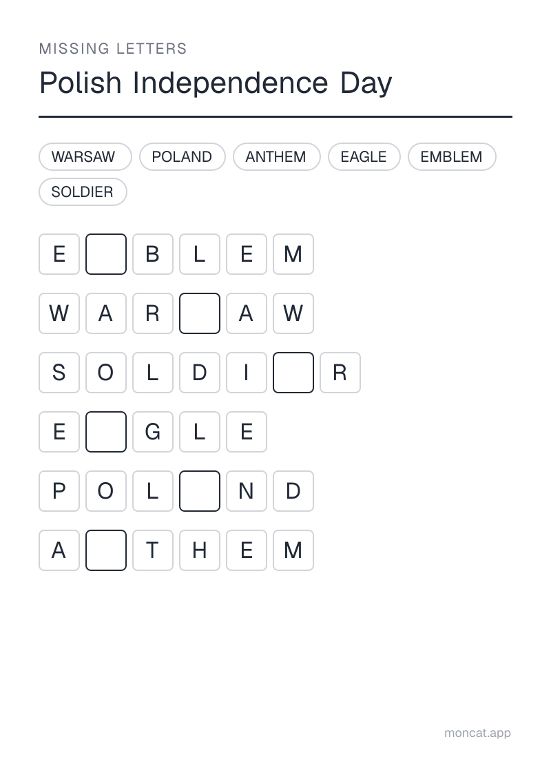 Sample printable Missing Letters on “Polish Independence Day” with the words: emblem, eagle, anthem, poland, warsaw, soldier