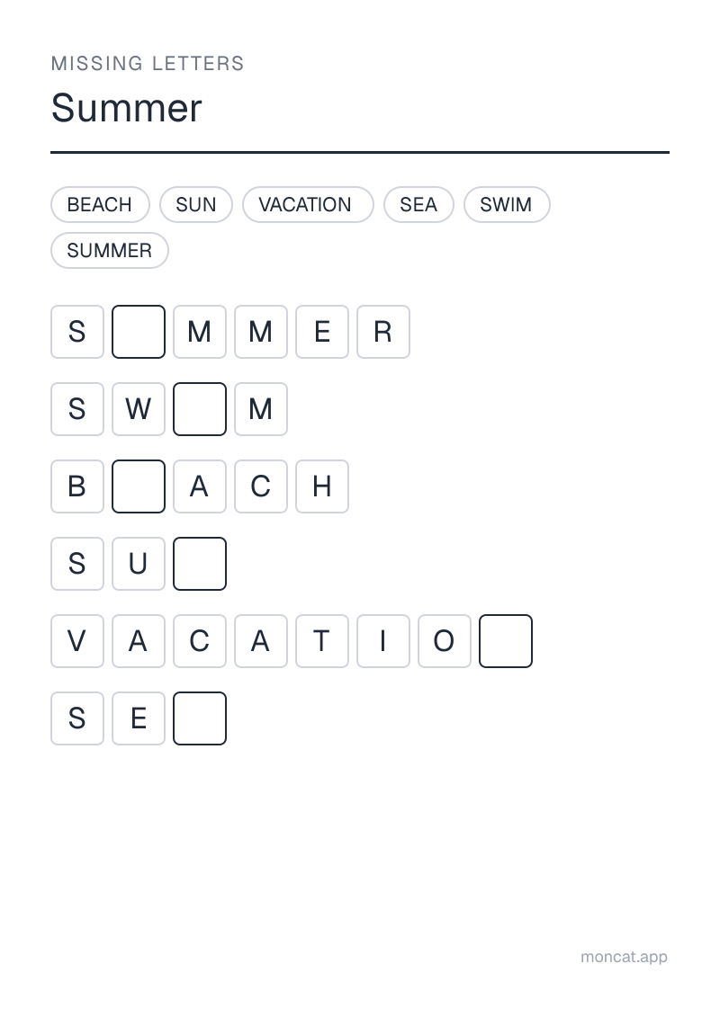 Sample printable Missing Letters on “Summer” with the words: sun, vacation, beach, sea, swim, summer