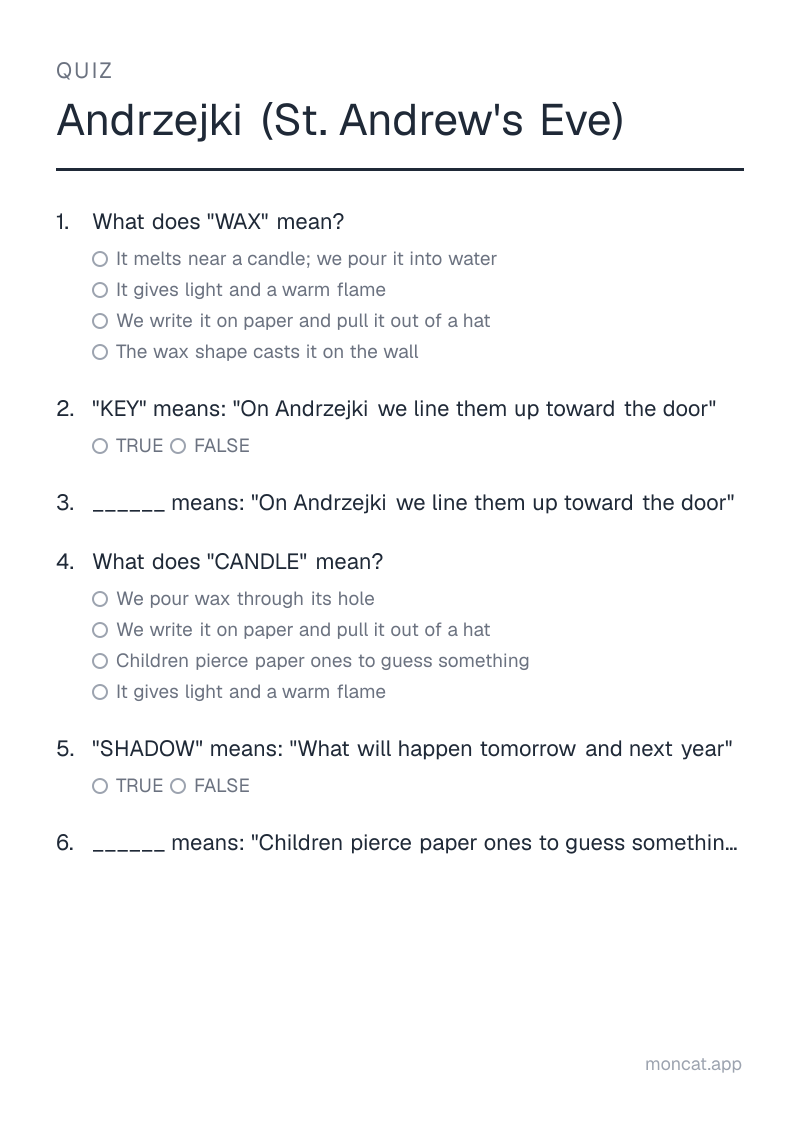 Sample printable Quiz on “Andrzejki (St. Andrew's Eve)” with the words: wax, key, shoes, candle, shadow, heart