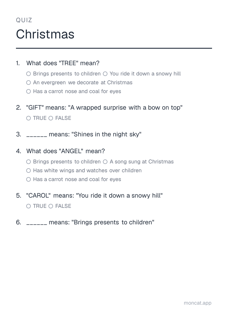 Sample printable Quiz on “Christmas” with the words: tree, gift, star, angel, carol, santa