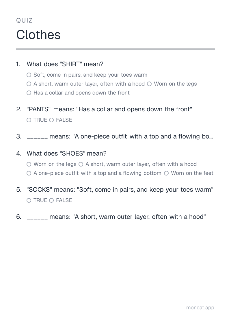 Sample printable Quiz on “Clothes” with the words: shirt, pants, dress, shoes, socks, jacket