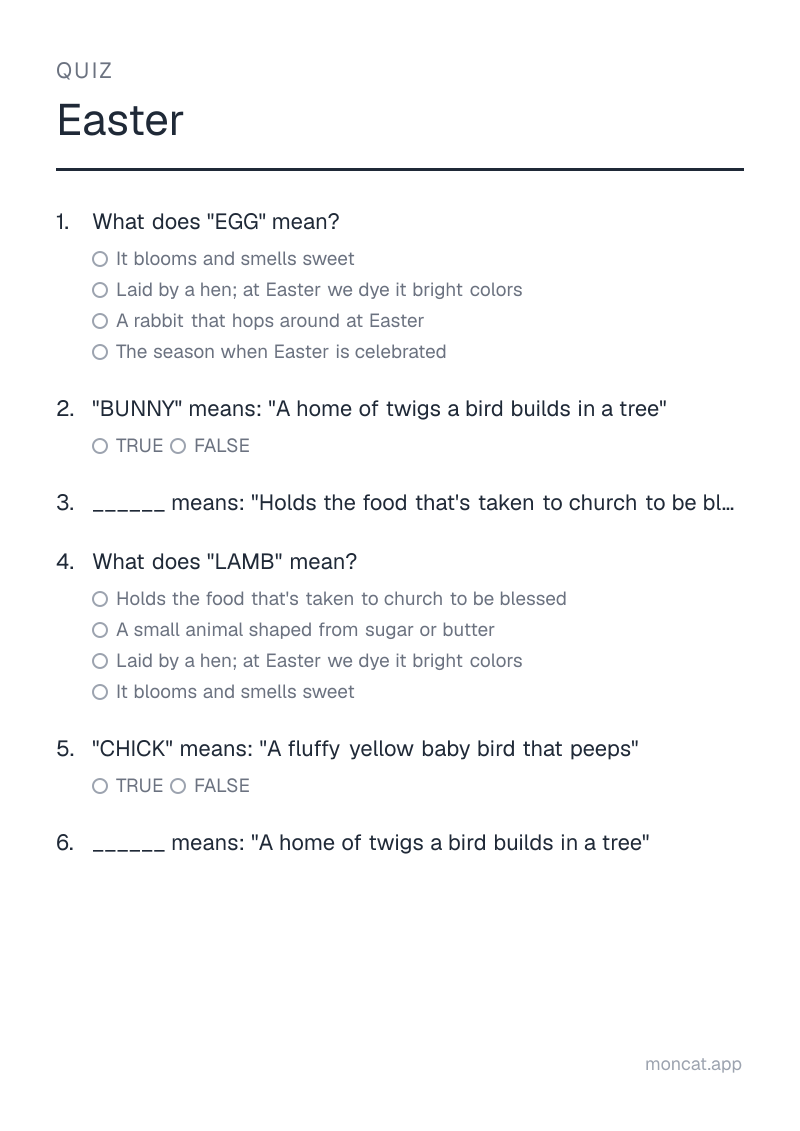 Sample printable Quiz on “Easter” with the words: egg, bunny, basket, lamb, chick, nest