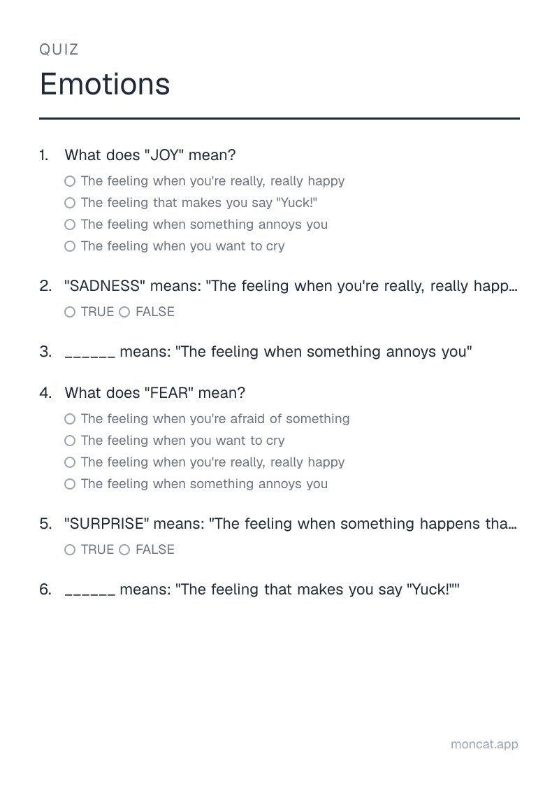 Sample printable Quiz on “Emotions” with the words: joy, sadness, anger, fear, surprise, disgust