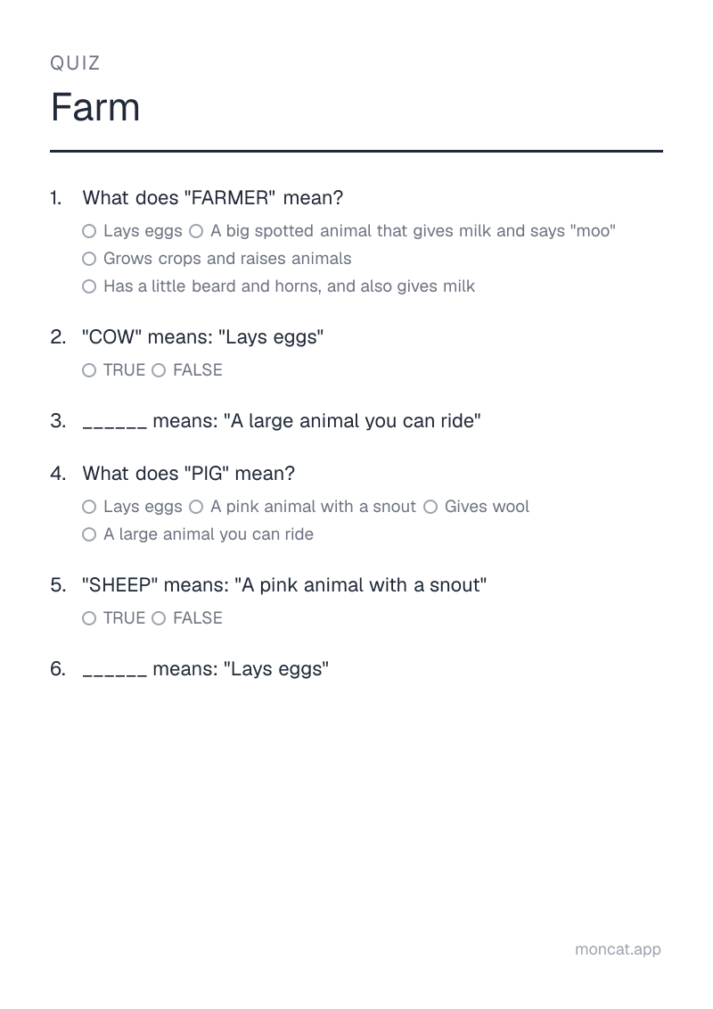 Sample printable Quiz on “Farm” with the words: farmer, cow, horse, pig, sheep, hen