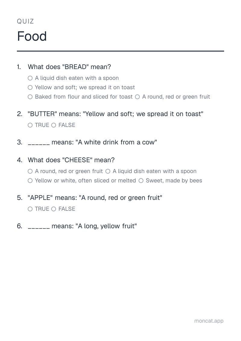 Sample printable Quiz on “Food” with the words: bread, butter, milk, cheese, apple, banana