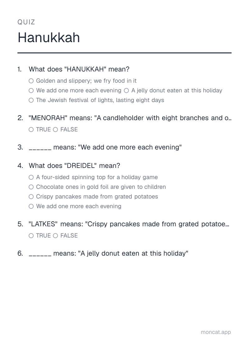 Sample printable Quiz on “Hanukkah” with the words: hanukkah, menorah, candle, dreidel, latkes, sufganiyah