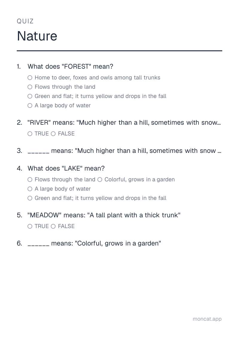 Sample printable Quiz on “Nature” with the words: forest, river, mountain, lake, meadow, flower