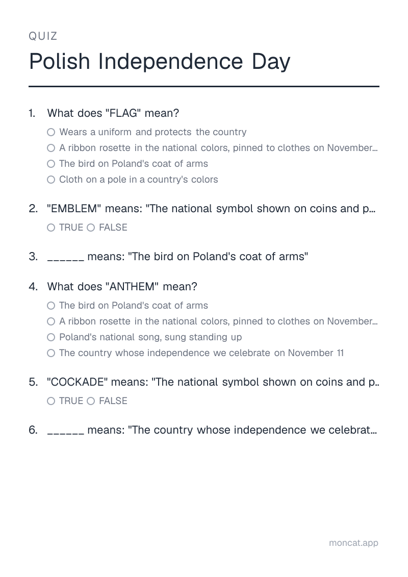 Sample printable Quiz on “Polish Independence Day” with the words: flag, emblem, eagle, anthem, cockade, poland