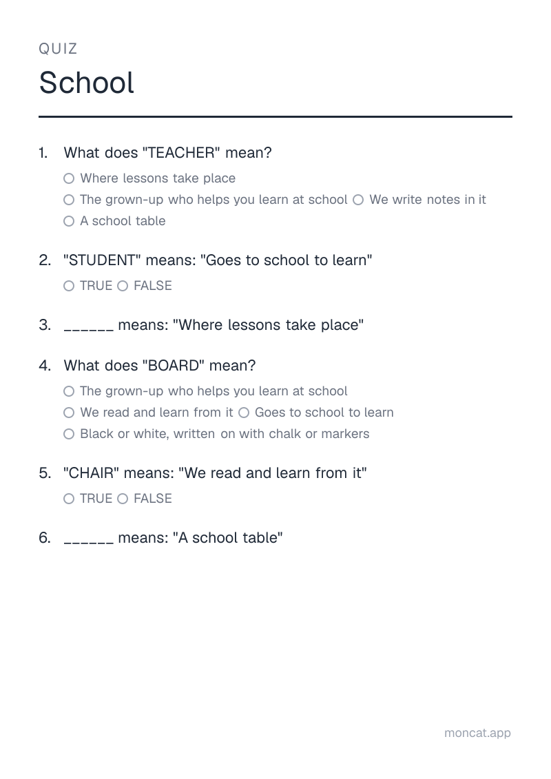 Sample printable Quiz on “School” with the words: teacher, student, classroom, board, chair, desk