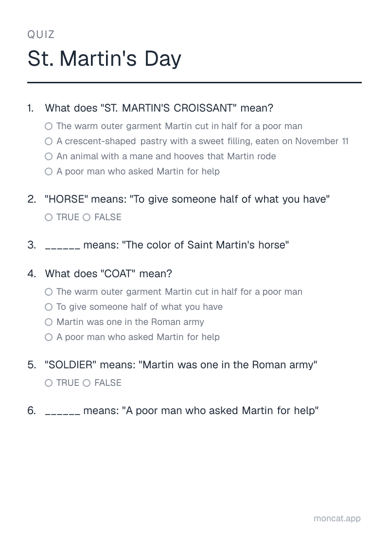 Sample printable Quiz on “St. Martin's Day” with the words: st. martin's croissant, horse, white, coat, soldier, beggar