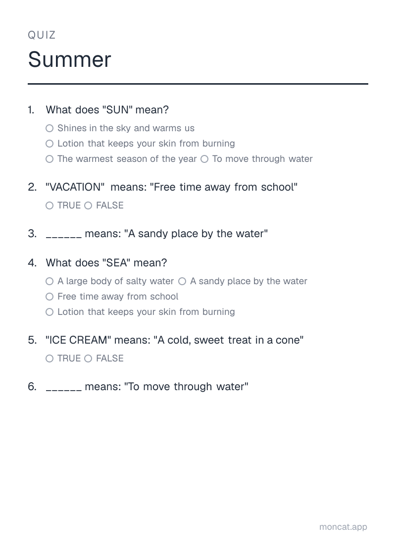 Sample printable Quiz on “Summer” with the words: sun, vacation, beach, sea, ice cream, swim