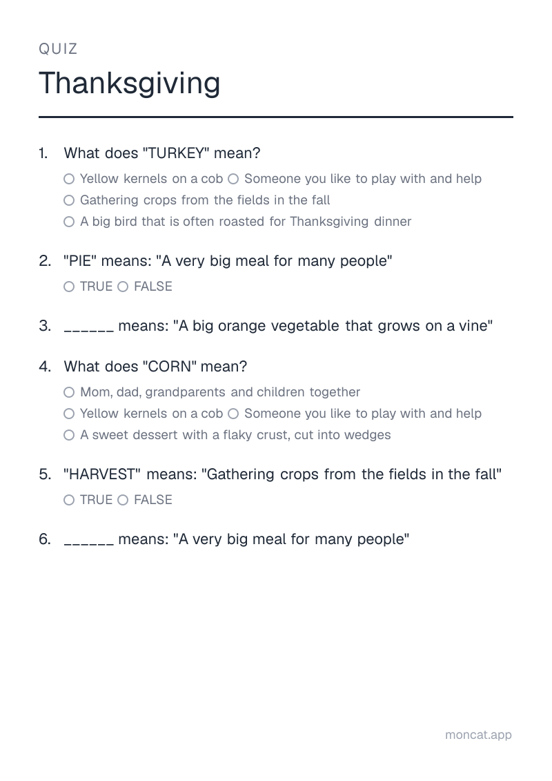 Sample printable Quiz on “Thanksgiving” with the words: turkey, pie, pumpkin, corn, harvest, feast