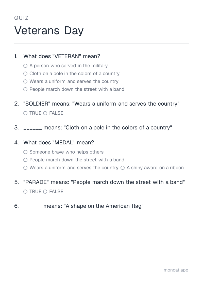 Sample printable Quiz on “Veterans Day” with the words: veteran, soldier, flag, medal, parade, star