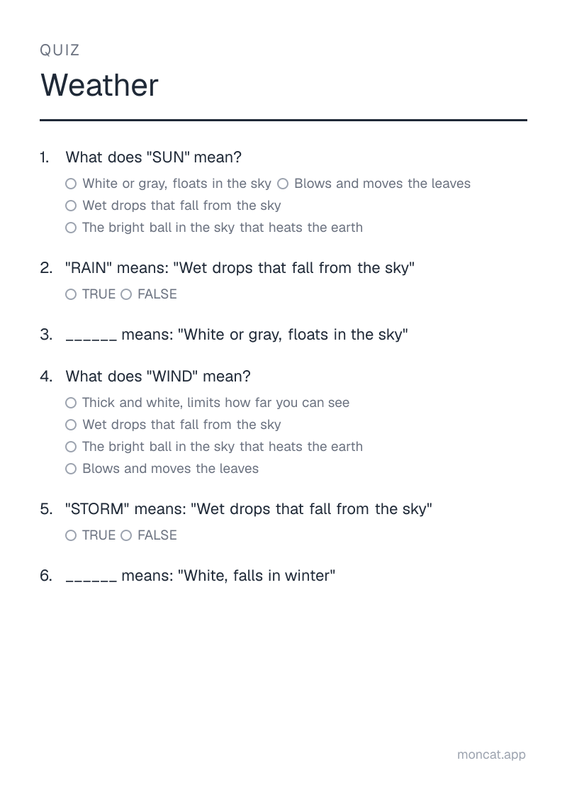 Sample printable Quiz on “Weather” with the words: sun, rain, cloud, wind, storm, snow