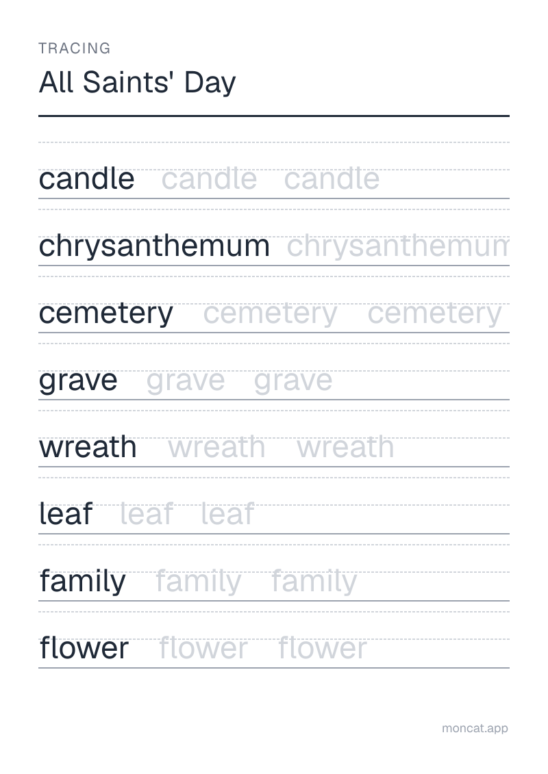 Sample printable Tracing on “All Saints' Day” with the words: candle, chrysanthemum, cemetery, grave, wreath, leaf, family, flower