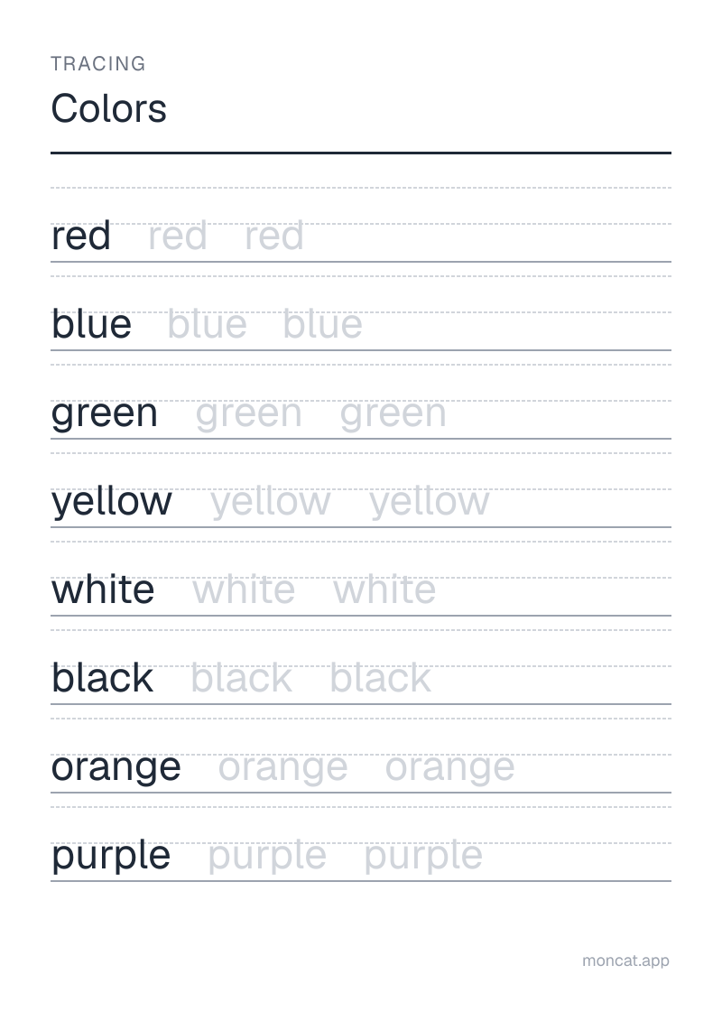 Sample printable Tracing on “Colors” with the words: red, blue, green, yellow, white, black, orange, purple