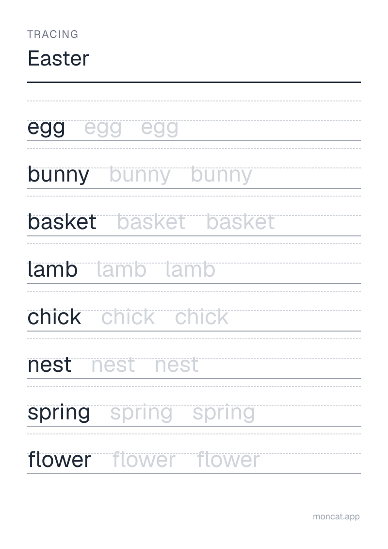 Sample printable Tracing on “Easter” with the words: egg, bunny, basket, lamb, chick, nest, spring, flower
