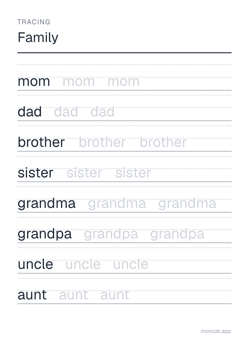 Sample printable Tracing on “Family” with the words: mom, dad, brother, sister, grandma, grandpa, uncle, aunt