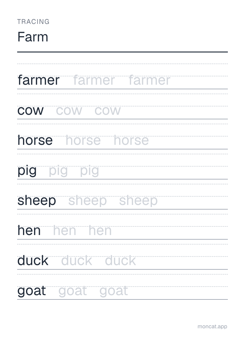 Sample printable Tracing on “Farm” with the words: farmer, cow, horse, pig, sheep, hen, duck, goat