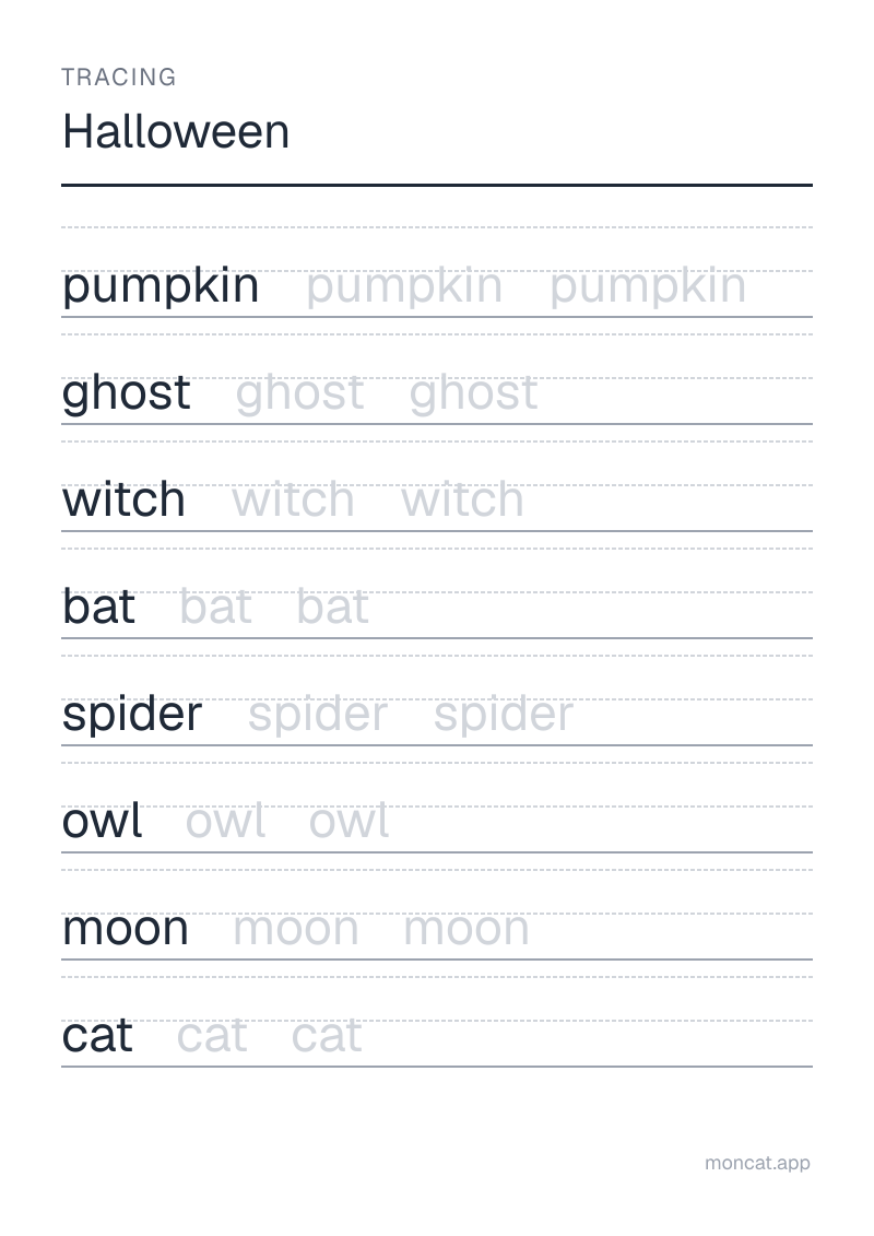 Sample printable Tracing on “Halloween” with the words: pumpkin, ghost, witch, bat, spider, owl, moon, cat