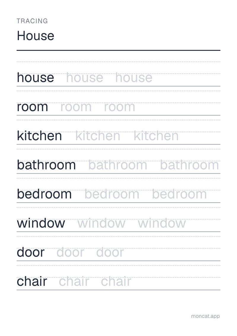 Sample printable Tracing on “House” with the words: house, room, kitchen, bathroom, bedroom, window, door, chair
