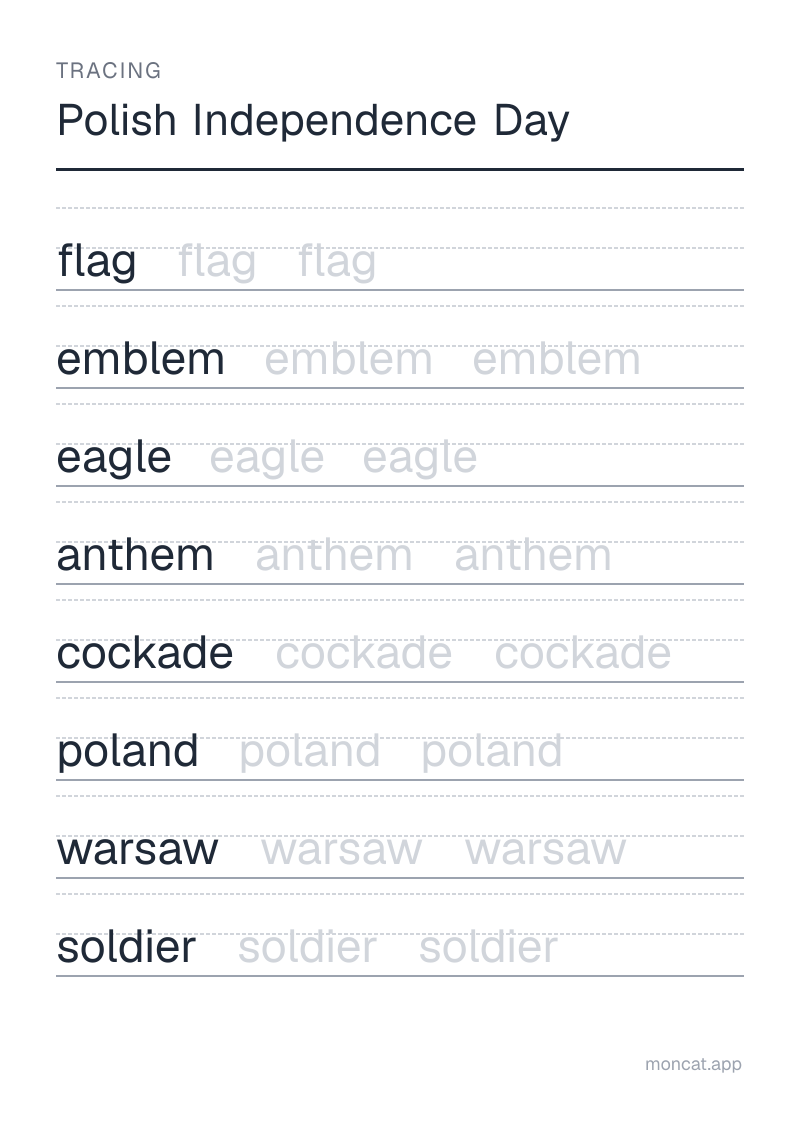 Sample printable Tracing on “Polish Independence Day” with the words: flag, emblem, eagle, anthem, cockade, poland, warsaw, soldier